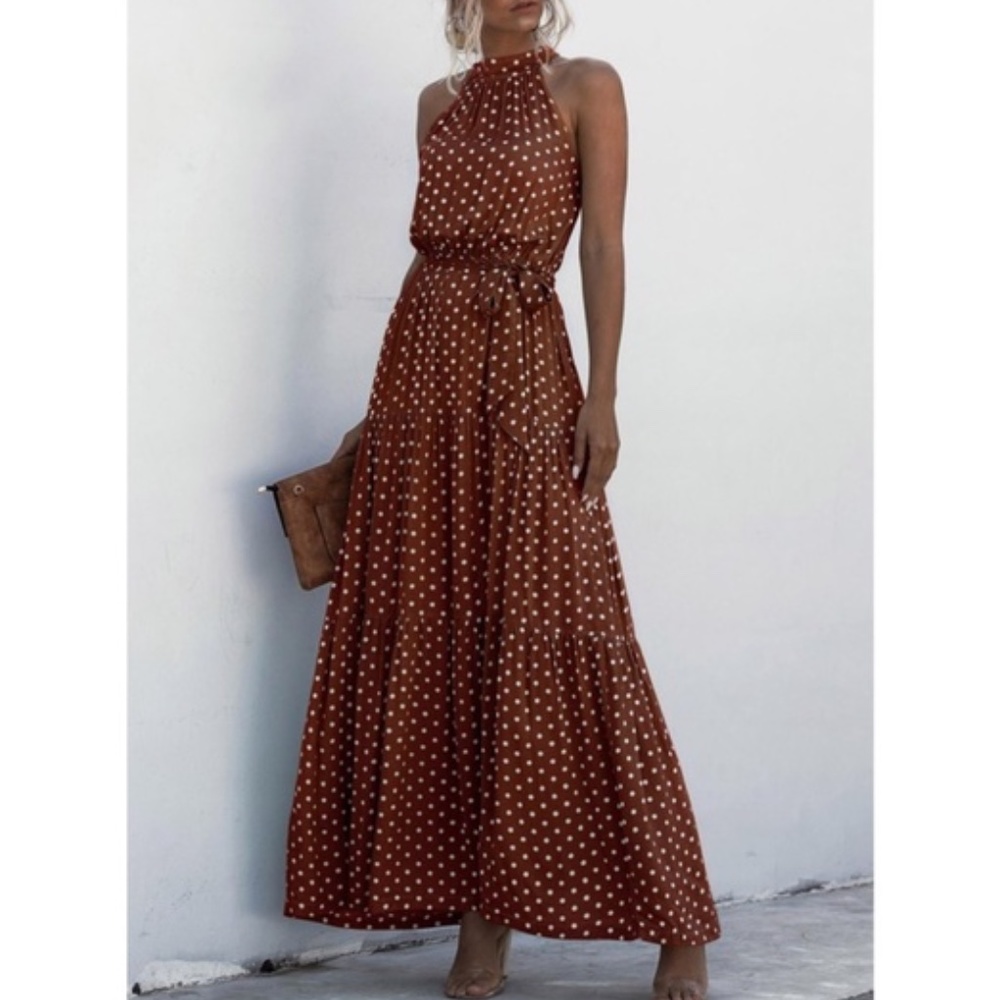 Boho Brown Polka Dot Halter Belted Maxi Dress - Picture 1 of 2